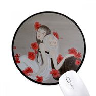 Dıythinker Güzellik Kırmızı Çiçek Çin Tarzı Suluboya Yuvarlak Kaymaz Mouse Pad