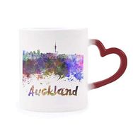 Dıythinker Kırmızı Çok Renkli Auckland Yeni Zelanda Şehri Suluboya Isıya Duyarlı Kalp Kupası