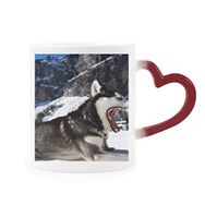 Dıythinker Kırmızı Çok Renkli Büyük Ağızlı Köpek Kar Husky Resim Şekil Isıya Duyarlı Kalp Kupa