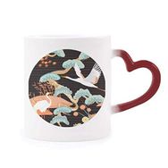 Dıythinker Kırmızı Çok Renkli Cranes Peonies Akçaağaç Yaprakları Desen Isıya Duyarlı Kalp Kupası