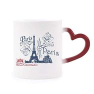 Dıythinker Kırmızı Çok Renkli Eyfel Kulesi Fransa Paris Çizgi Çizim Isıya Duyarlı Kalp Kupa