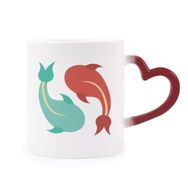 Dıythinker Kırmızı Çok Renkli Fish Twins Taichi Desenli Şekil Isıya Duyarlı Kalp Kupası