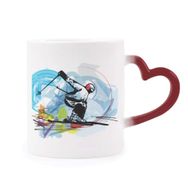 Dıythinker Kırmızı Çok Renkli Kış Spor Sporcuları Serbest Stil Kayak İllüstrasyonu Şekil Isıya Duyarlı Kalp Kupa