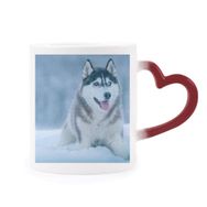 Dıythinker Kırmızı Çok Renkli Köpek Hayvan Kar Husky Resim Şekil Isıya Duyarlı Kalp Kupa