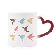 Dıythinker Kırmızı Çok Renkli Renkli Kuş Soyut Origami Desenli Şekil Isıya Duyarlı Kalp Kupası