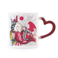 Dıythinker Kırmızı Çok Renkli Sanat Balık Koi Japonya Desen Isıya Duyarlı Kalp Kupası