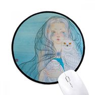 Dıythinker Mavi Beyaz Baykuş Kız Çin Tarzı Suluboya Yuvarlak Kaymaz Mouse Pad