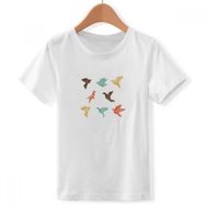 DIYthinker S Beyaz Erkek Çocuk Renkli Kuş Soyut Origami Desenli Bisiklet Yaka Tişört