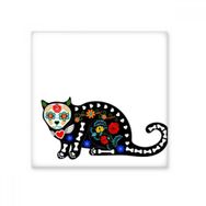 Dıythinker Siyah Kedi Çiçek Kemik Kalp Cadılar Bayramı Korku Atmosfer 10x10 cm Seramik Karo