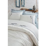 Ecocotton Derin %100 Organik Pamuk Saten El Nakışlı Krem 220x240 cm Battal Boy Nevresim Takımı Seti