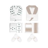 Ecocotton İmre Organik Pamuk Müslin Jakarlı Yeşil Bej Aile Bornoz Seti