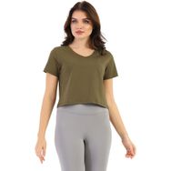 EDELLE Regular Fit Haki V Yaka Kadın Crop T-shirt
