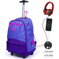 Elatae Mor 23252 Unisex Çok Gözlü Çekcekli Dört Bölmeli Usb'li Tekerlekli Okul Çantası