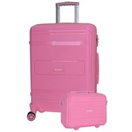 Elatae V305 Premium Pembe Polipropilen Büyük ve Makyaj Boy 2'li Kırılmaz Valiz Seti