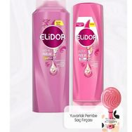Elidor 350 ml Superblend Güçlü ve Parlak Şampuan 500 ml Serum Bakım Kremi ve Pembe Masaj Şampuan Fırçası