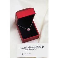 Elika Silver Kadın Işıklı Kutuda Pırlanta Montürlü Kalp Model 925 Ayar Gümüş Kırmızı Kolye