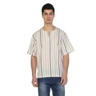 Eliş Şile Bezi Ekru Gri Çizgili 3028 Büyük Beden Kısa Kol Şile Bezi Bisiklet Yaka Erkek Tshirt