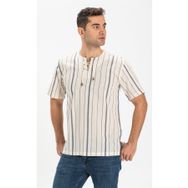 Eliş Şile Bezi Ekru Gri Çizgili 3028 Kısa Kol Şile Bezi Zımbalı Erkek Tshirt