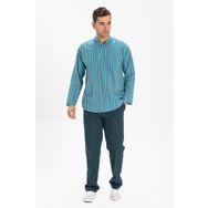 Eliş Şile Bezi Turkuaz Çizgili 3071 Uzun Kol Şile Bezi Hakim Yaka Erkek Tshirt