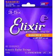 Elixir 11172 12-53 Nanoweb 80/20 Bronze 12 Telli Akustik Gitar Teli