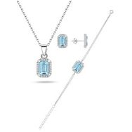 Enesstore 925 Ayar Aquamarin Taşlı Baget Gümüş Kolye Küpe Bileklik Set
