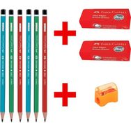 Faber Castell Kurşun Kalem 6 Adet Büyük Boy Kırmızı Silgi 2 Adet ve Kalemtıraş