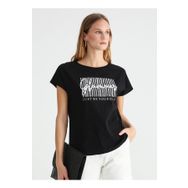 Fabrika Dusa Siyah Bisiklet Yaka Varaklı Kadın T-shirt