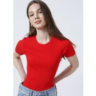 Fabrika Teo Bisiklet Yaka Basic Fitilli Kırmızı Kadın T-shirt