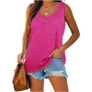 Famulily Henley Tank Top Sıcak Pembe U Yaka Düğmeli Kolsuz Kadın Bluz