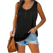 Famulily Henley Tank Top Siyah U Yaka Düğmeli Kolsuz Kadın Bluz