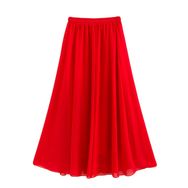 Feoya Boho Kırmızı Bel Lastikli Çift Katmanlı Şifon Retro Kadın Yaz Eteği