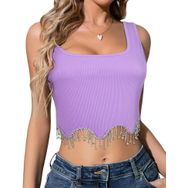 Feoya Tank Tops Mor Kolsuz Püsküllü Örme Kadın Crop Bluz