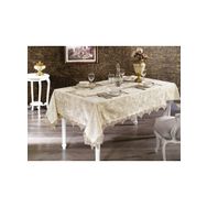 Finezza 160x220 cm Pera Lüx Dantelli Kadife Kumaş Bej Dikdörtgen Masa Örtüsü