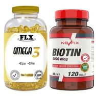 Flx Omega 3 180 Kapsül Balık Yağı + Nevfix 5000 mg 120 Tablet Biotin Takviye Edici Gıda