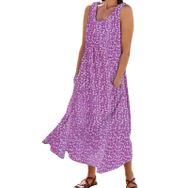 FNKDOR 2024 Sundress Uzun Günlük Büyük Beden Cepli Mor Dökümlü Çiçekli Yazlık Kadın Elbise