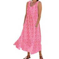 FNKDOR 2024 Sundress Uzun Günlük Büyük Beden Cepli Pembe Dökümlü Çiçekli Yazlık Kadın Elbise