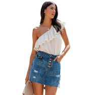 FNKDOR Kot Düğmeli Yüksel Bel Yırtıklı Bodycon Mini Etek