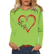 FNKDOR Love Heart Graphic Yeşil Yuvarlak Yaka Uzun Kollu Kadın Bluz