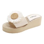 FNKDOR Platform Boho Slides Beyaz Kaymaz Ayçiçeği Dolgu Topuk Kadın Sandalet