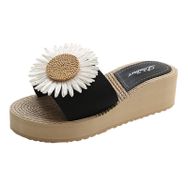 FNKDOR Platform Boho Slides Siyah Kaymaz Ayçiçeği Dolgu Topuk Kadın Sandalet
