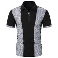 FNKDOR Slim Fit Gri Patchwork Kareli Fermuarlı Erkek T-shirt