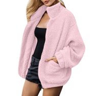 FNKDOR Teddy Pembe Dik Yaka Polar Kışlık Kadın Ceket