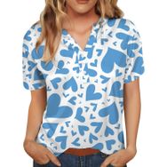FNKDOR Tunkia Kalp Desenli V Yaka Kısa Kol Standart Kesim Mavi Kadın T-shirt