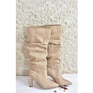 Fox Shoes L404868002 Ten Süet İnce Topuklu Krem Çizme