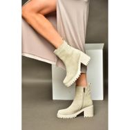 Fox Shoes R654006502 Bej Hakiki Deri Süet Kalın Topuklu Kadın Bot