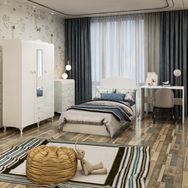 GarajHome Beyaz Şifonyer-Aynalı 3'lü Dolap-Karyola-Çalışma Masası Elit Genç Odası Takımı