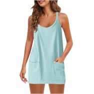 Generic O-371 Açık Kraliyet Mavisi Gevşek Fit Vneck Kolsuz Spagetti Kayışı Mini Petite Plaj Hawaii Yaz Sonbahar Kadın Elbisesi