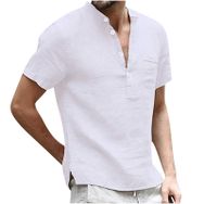 Generic O-792 Beyaz Sonbahar Yaz V Yaka Keten Düz Üst Gömlek Tarz 2025 Düzenli Fit Kısa Kollu Erkek T-shirt