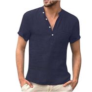 Generic O-792 Lacivert Sonbahar Yaz V Yaka Keten Düz Üst Gömlek Tarz 2025 Düzenli Fit Kısa Kollu Erkek T-shirt