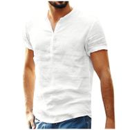 Generic Q-491 Beyaz Sonbahar Yaz V Yaka Keten Düz Üst Gömlek Tarz 2025 Düzenli Fit Kısa Kollu Erkek T-shirt